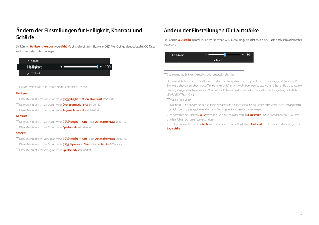 Samsung LC27F591FDUXEN manual Ändern der Einstellungen für Lautstärke, ――Was ist Auto Mute? 