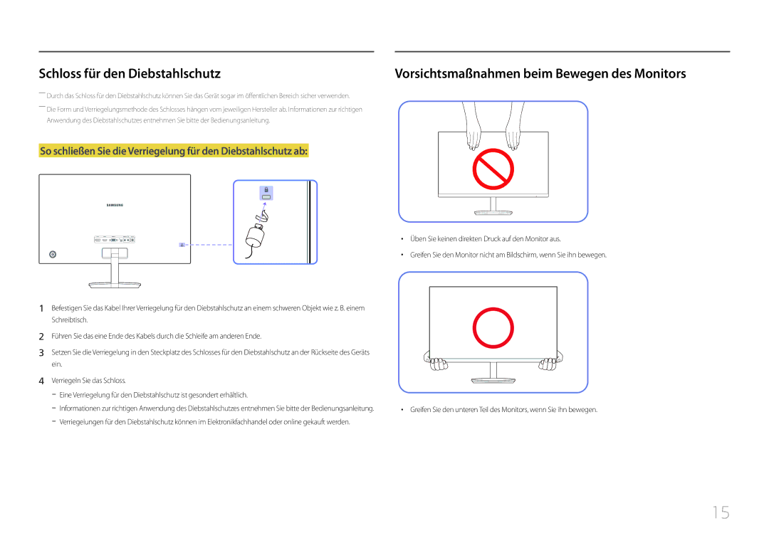 Samsung LC27F591FDUXEN manual Schloss für den Diebstahlschutz, Vorsichtsmaßnahmen beim Bewegen des Monitors 