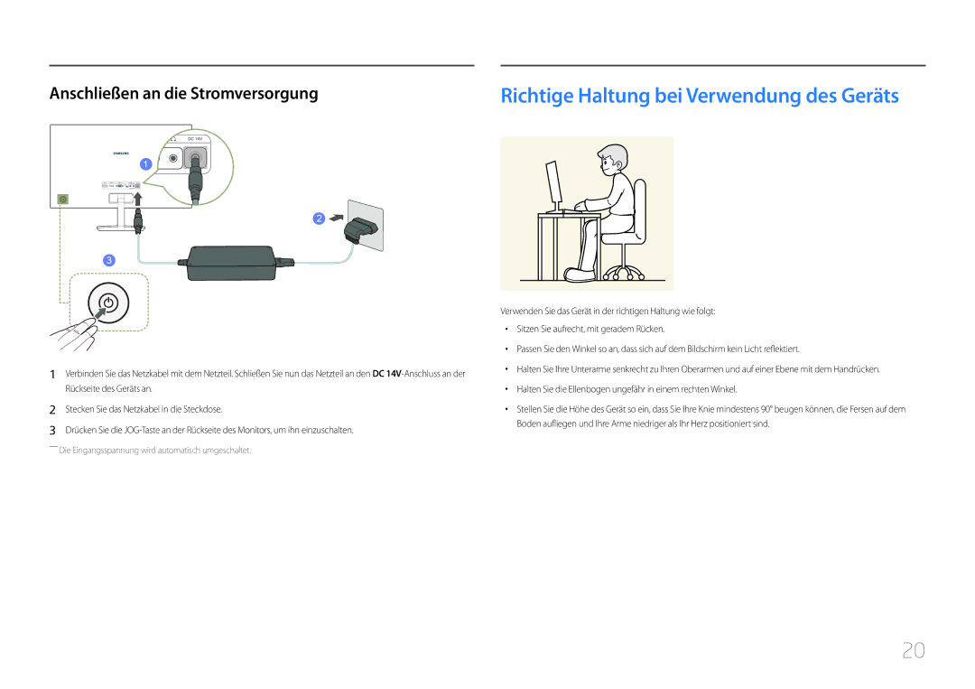 Samsung LC27F591FDUXEN manual Anschließen an die Stromversorgung, ――Die Eingangsspannung wird automatisch umgeschaltet 