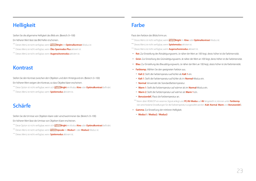 Samsung LC27F591FDUXEN manual Helligkeit, Kontrast, Schärfe, Farbe 