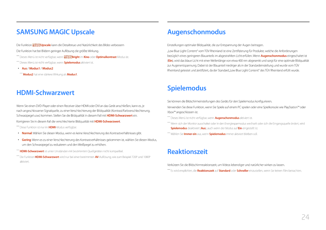 Samsung LC27F591FDUXEN manual Samsung Magic Upscale, Augenschonmodus, HDMI-Schwarzwert, Spielemodus, Reaktionszeit 