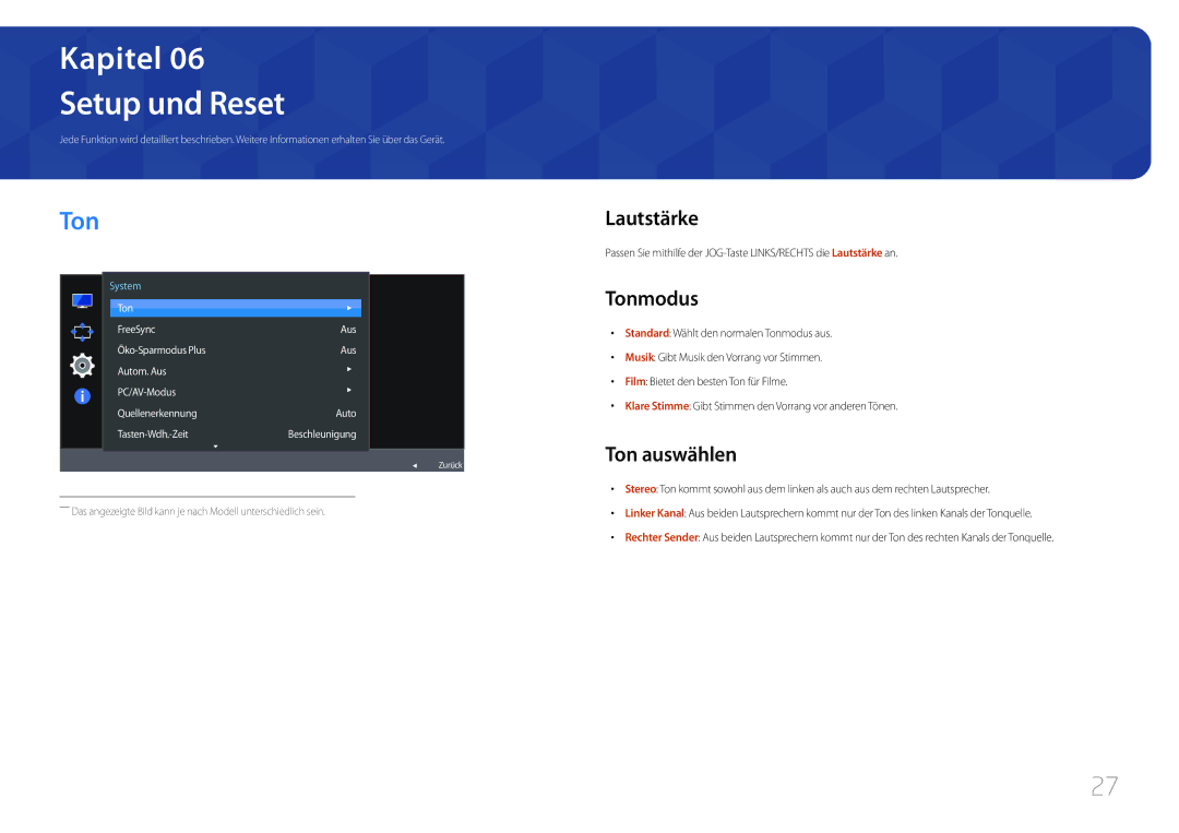 Samsung LC27F591FDUXEN manual Setup und Reset, Lautstärke, Tonmodus, Ton auswählen 