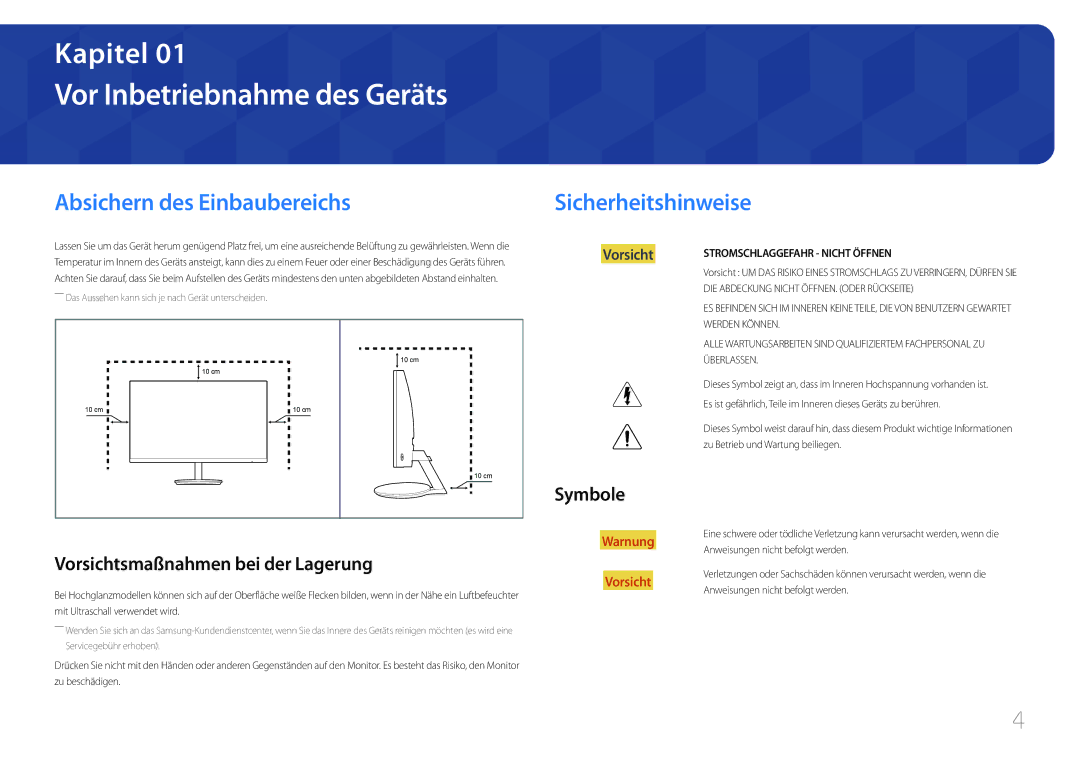 Samsung LC27F591FDUXEN manual Vor Inbetriebnahme des Geräts, Absichern des Einbaubereichs, Sicherheitshinweise, Symbole 