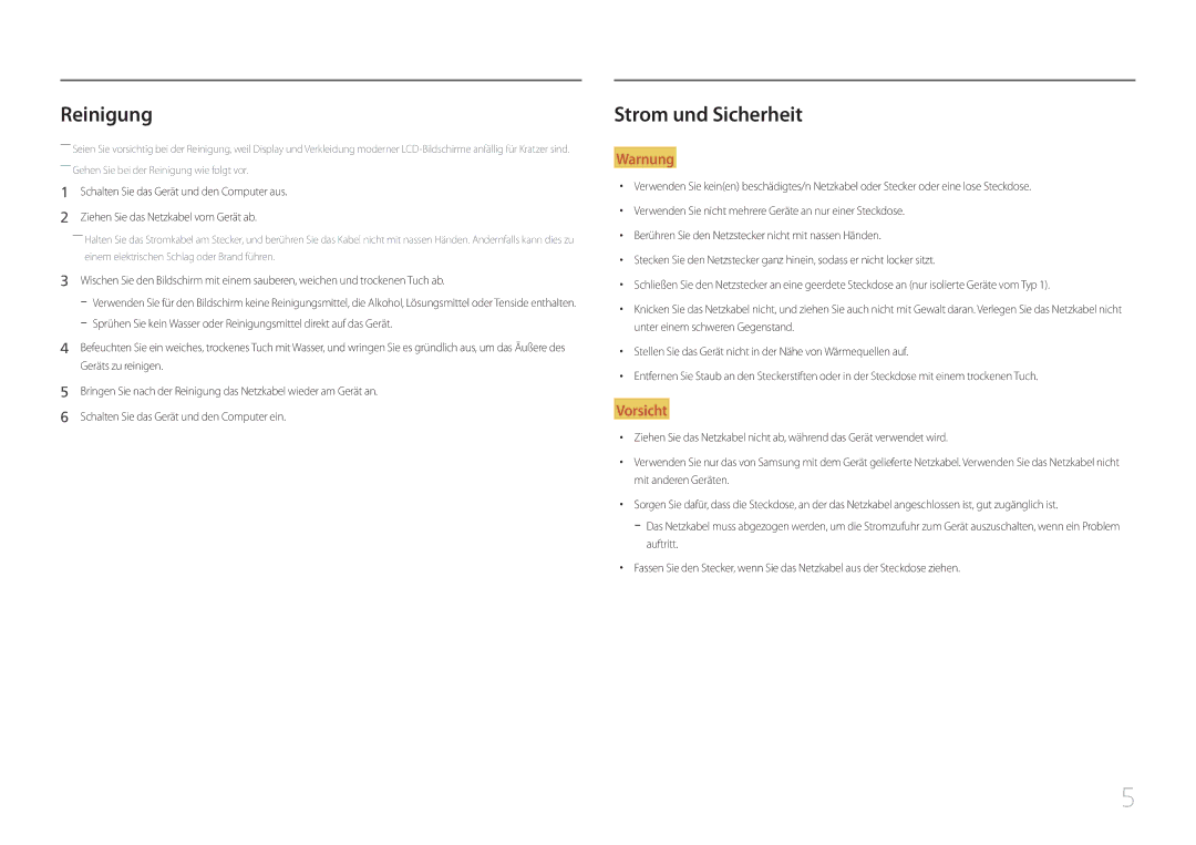 Samsung LC27F591FDUXEN manual Reinigung, Strom und Sicherheit 