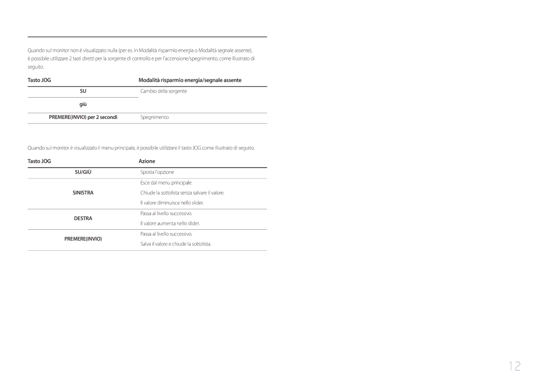 Samsung LC27F591FDUXEN manual Tasto JOG Modalità risparmio energia/segnale assente, Tasto JOG Azione 