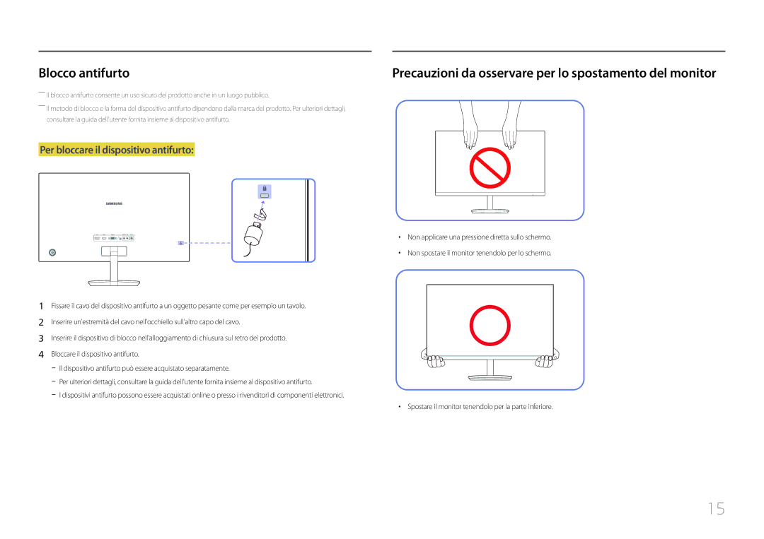 Samsung LC27F591FDUXEN manual Blocco antifurto, Precauzioni da osservare per lo spostamento del monitor 