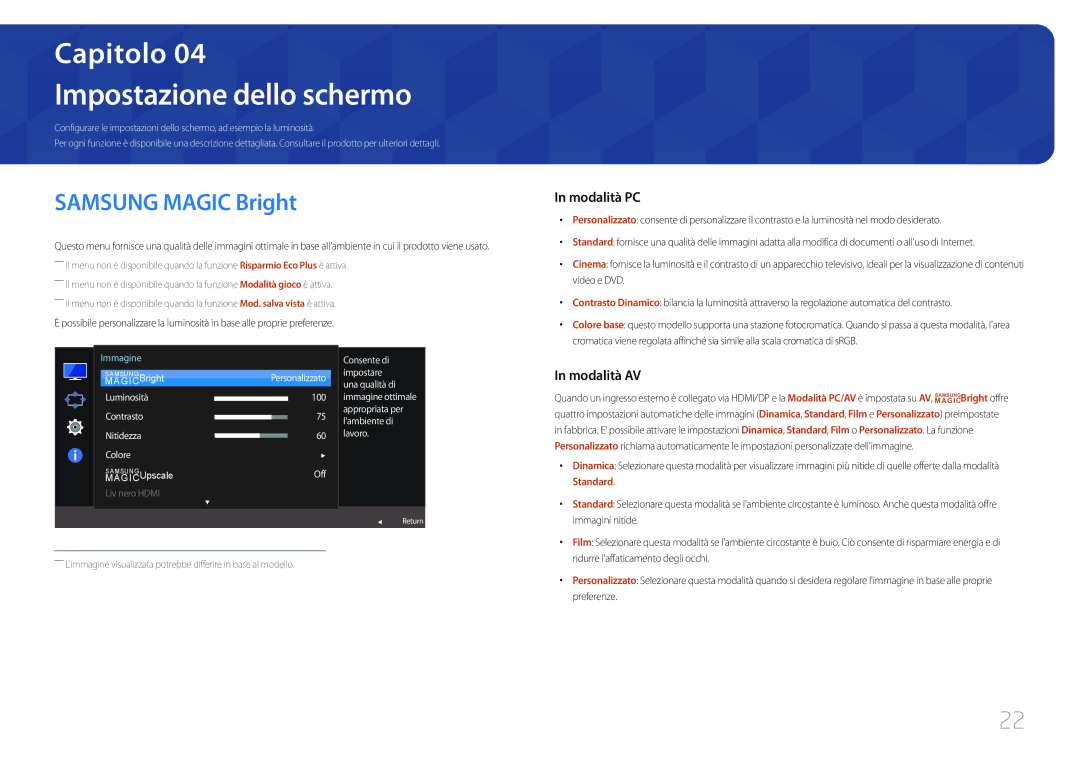 Samsung LC27F591FDUXEN manual Impostazione dello schermo, Samsung Magic Bright, Liv nero Hdmi 