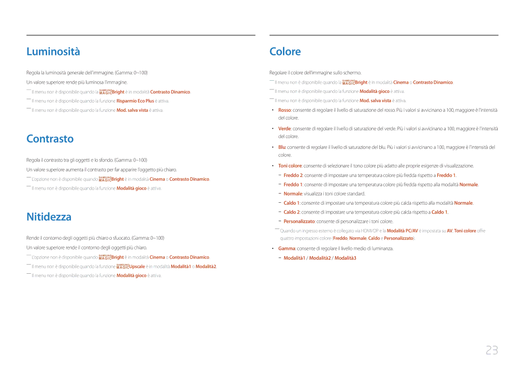 Samsung LC27F591FDUXEN manual Luminosità, Contrasto, Nitidezza, Colore 