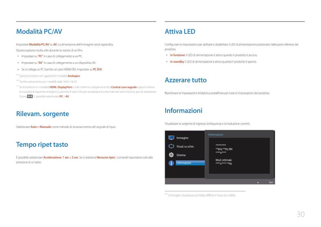 Samsung LC27F591FDUXEN Modalità PC/AV, Attiva LED, Azzerare tutto, Rilevam. sorgente, Informazioni, Tempo ripet tasto 