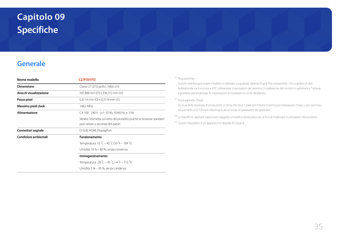 Samsung LC27F591FDUXEN manual Specifiche, Generale, Nome modello, ――Plug-and-Play 