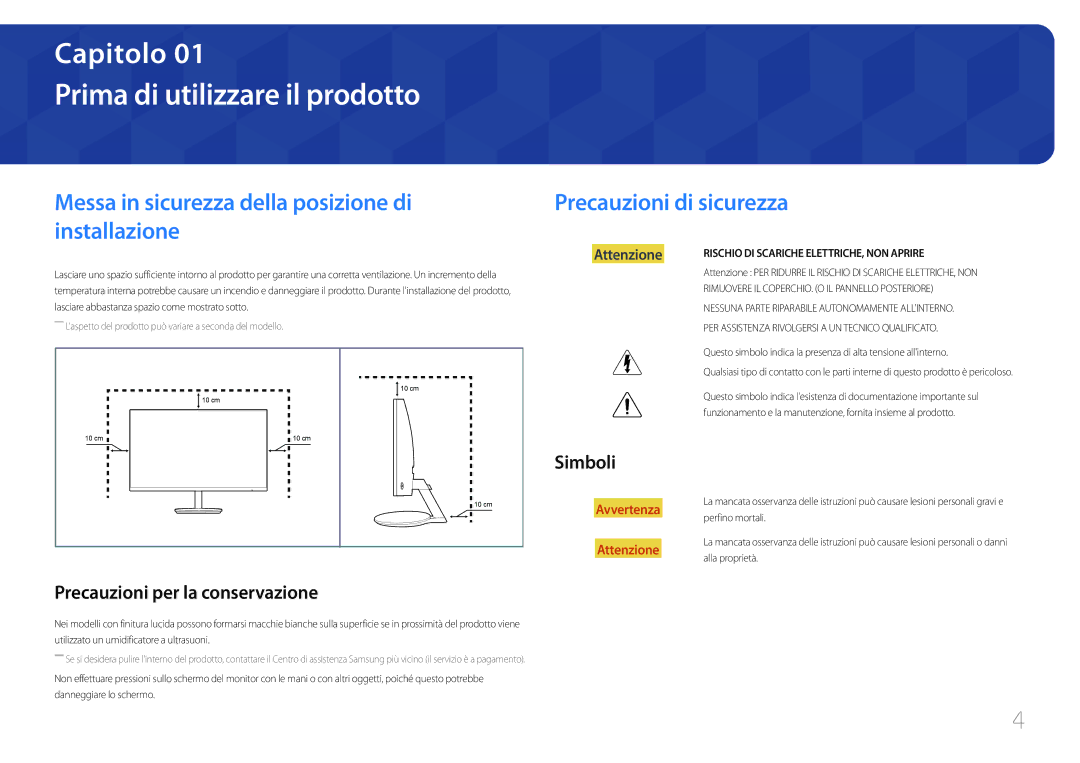 Samsung LC27F591FDUXEN manual Prima di utilizzare il prodotto, Precauzioni per la conservazione, Simboli 