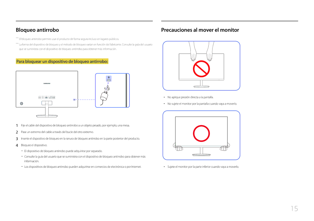 Samsung LC27F591FDUXEN manual Bloqueo antirrobo, Precauciones al mover el monitor 