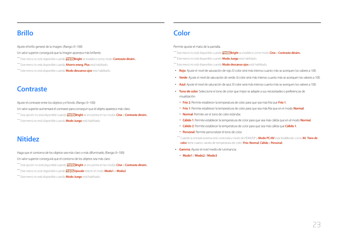 Samsung LC27F591FDUXEN manual Brillo, Contraste, Nitidez, Color 