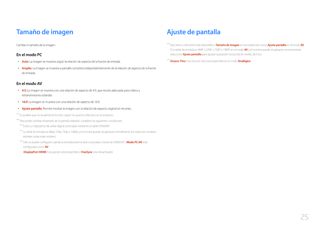 Samsung LC27F591FDUXEN manual Tamaño de imagen, Ajuste de pantalla 