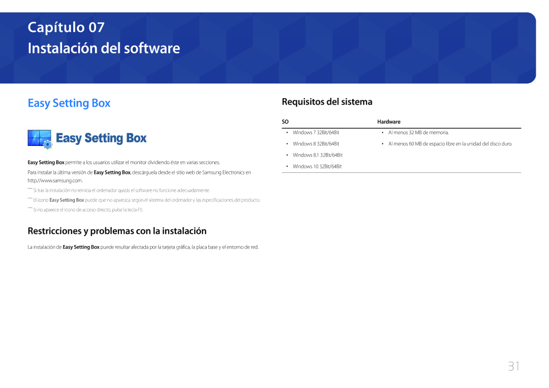 Samsung LC27F591FDUXEN Instalación del software, Easy Setting Box, Restricciones y problemas con la instalación, Hardware 