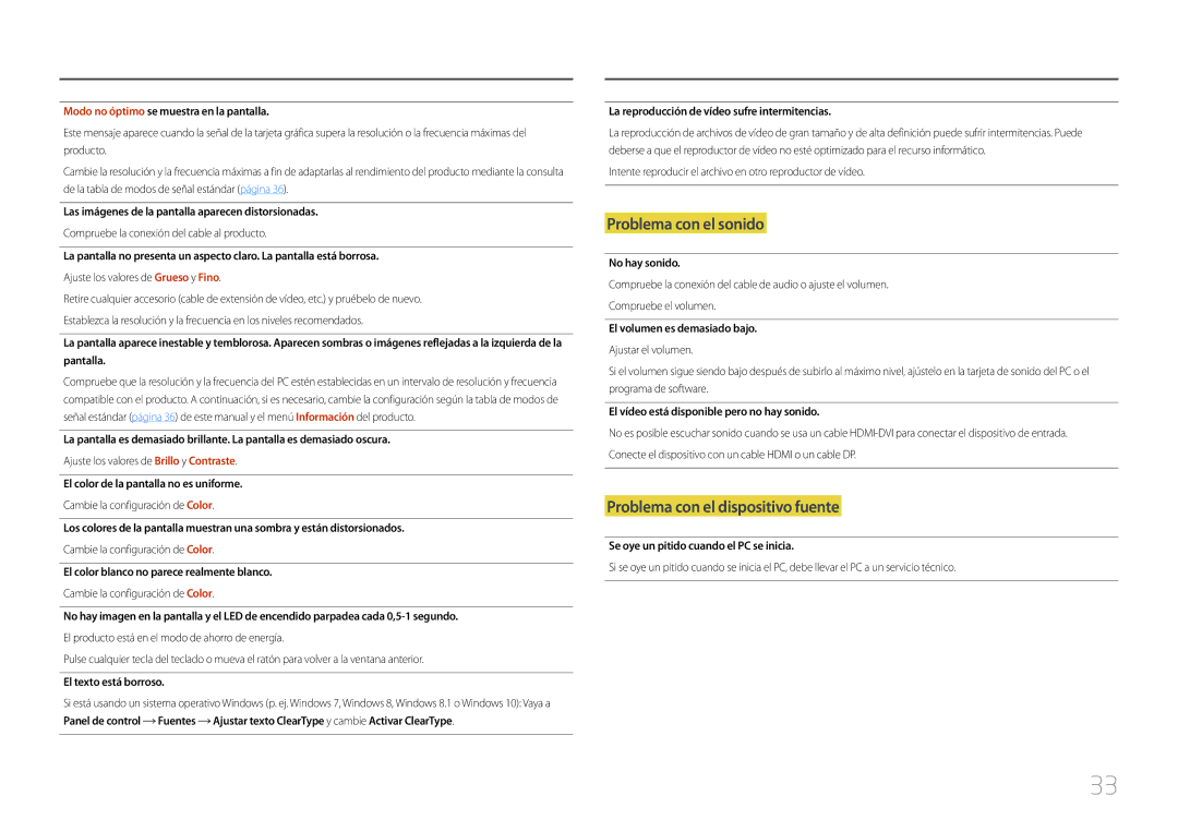 Samsung LC27F591FDUXEN manual Modo no óptimo se muestra en la pantalla, Las imágenes de la pantalla aparecen distorsionadas 