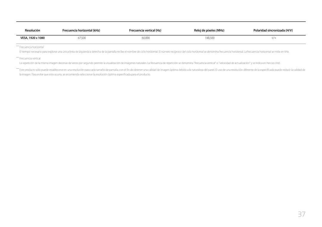 Samsung LC27F591FDUXEN Frecuencia vertical Hz Reloj de píxeles MHz, Polaridad sincronizada H/V, ――Frecuencia horizontal 
