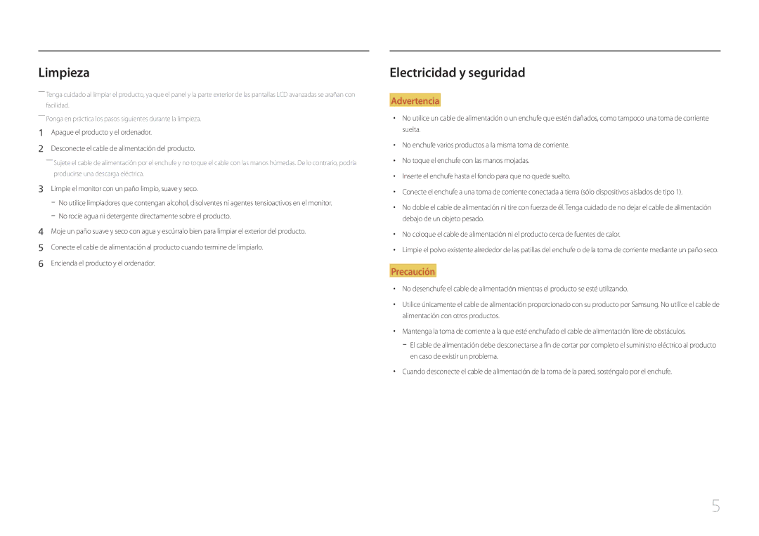 Samsung LC27F591FDUXEN manual Limpieza, Electricidad y seguridad 