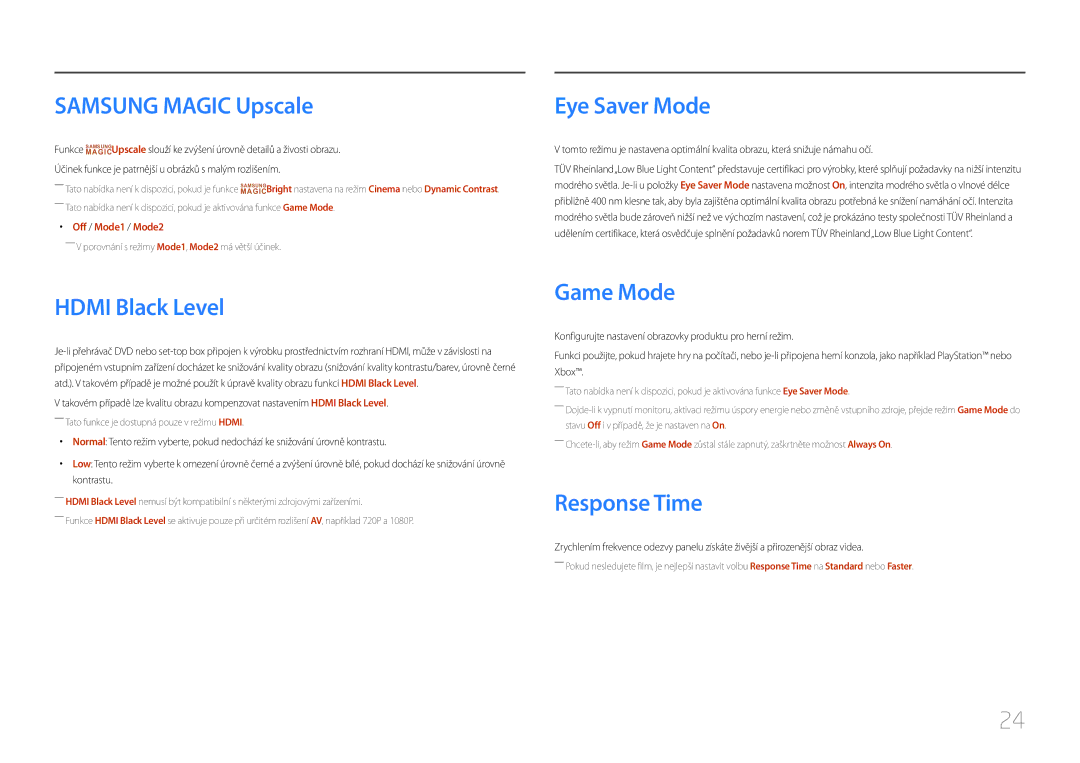 Samsung LC27F591FDUXEN manual Samsung Magic Upscale, Eye Saver Mode, Hdmi Black Level, Game Mode, Response Time 