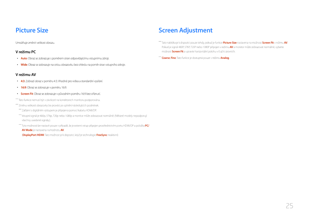 Samsung LC27F591FDUXEN manual Picture Size, Screen Adjustment 