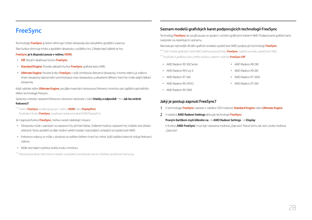 Samsung LC27F591FDUXEN manual FreeSync je k dispozici pouze v režimu Hdmi 