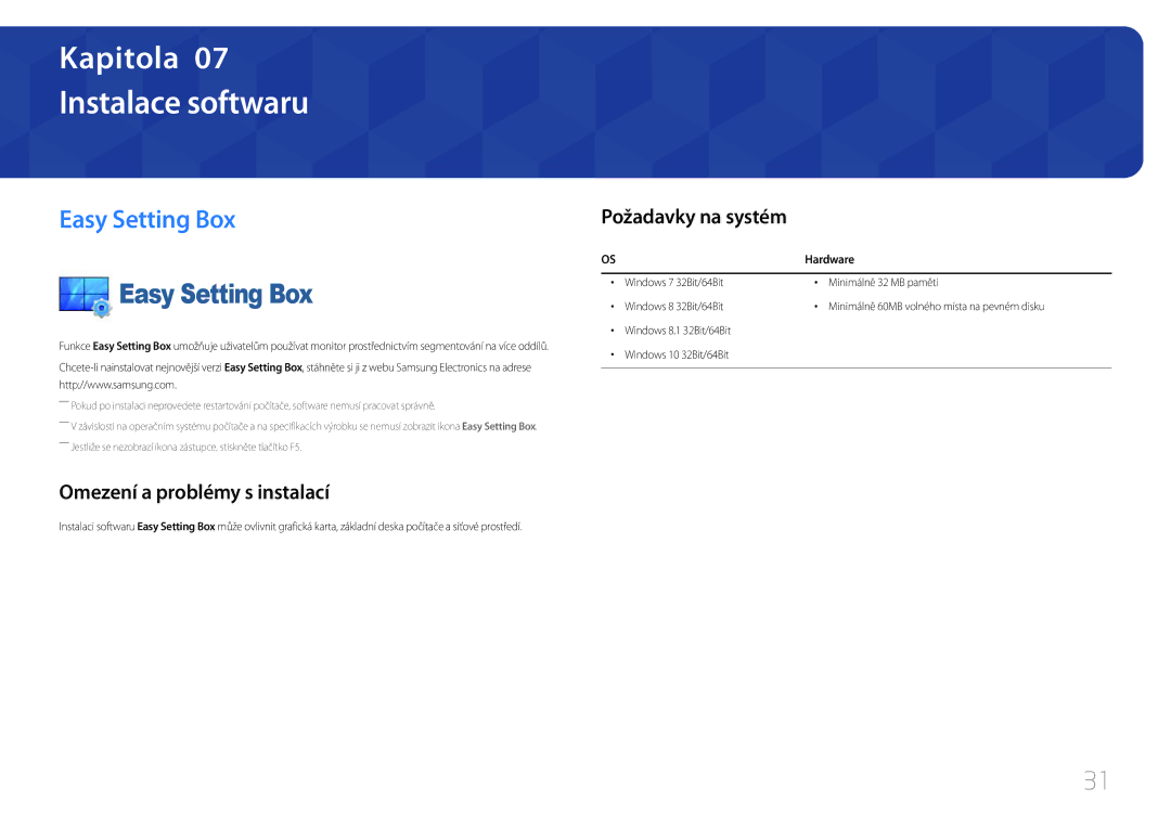 Samsung LC27F591FDUXEN Instalace softwaru, Easy Setting Box, Omezení a problémy s instalací, Požadavky na systém, Hardware 