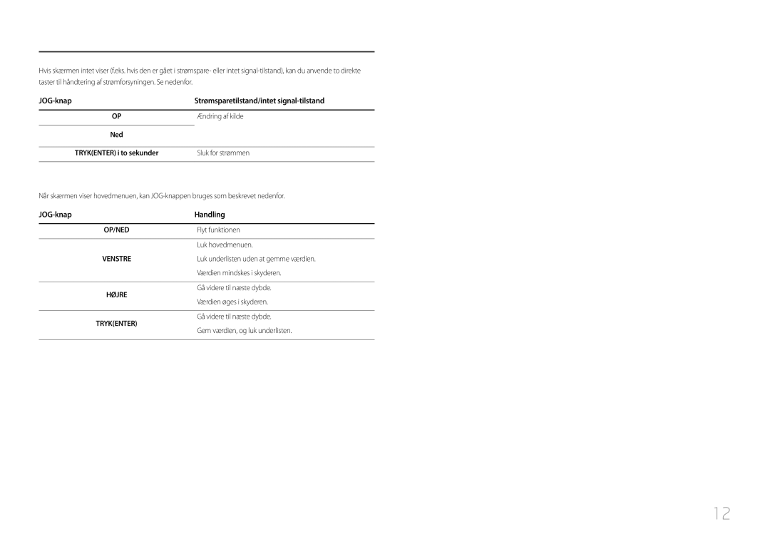 Samsung LC27F591FDUXEN manual JOG-knap Strømsparetilstand/intet signal-tilstand, JOG-knap Handling, Ændring af kilde 