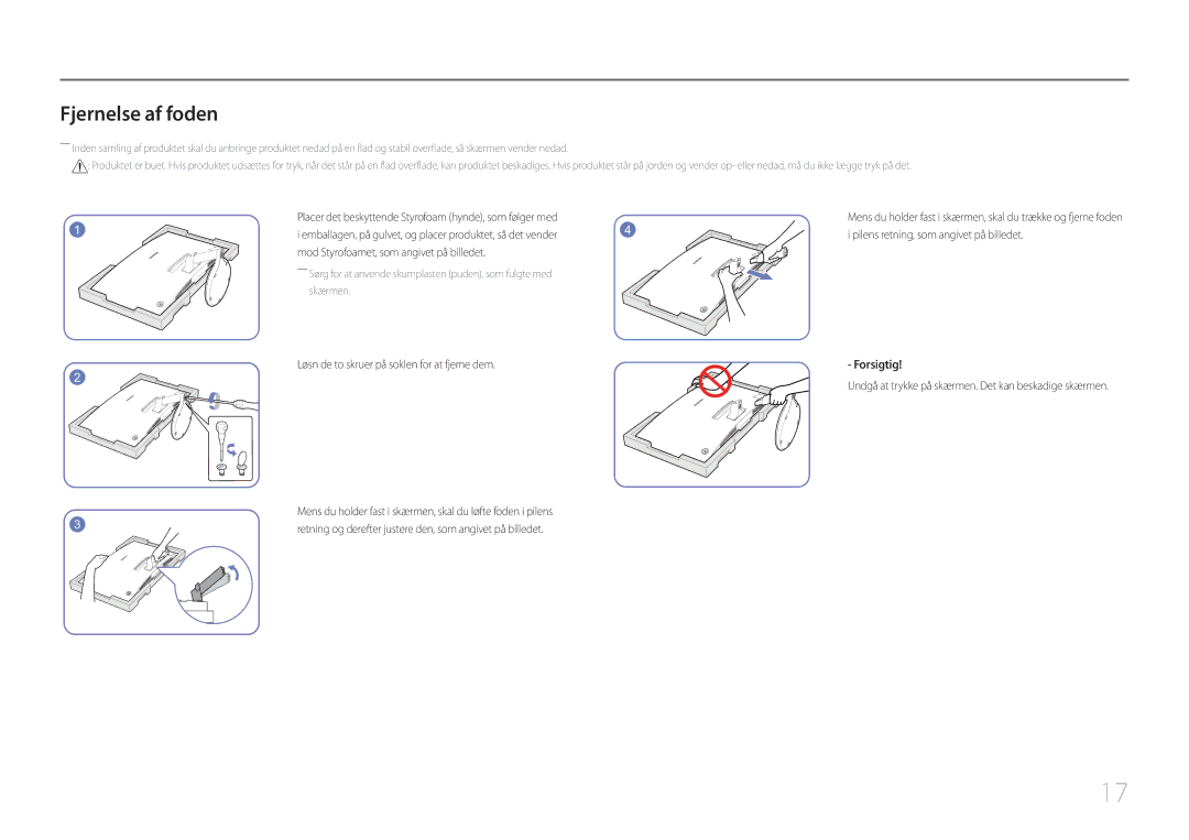 Samsung LC27F591FDUXEN manual Fjernelse af foden, Pilens retning, som angivet på billedet 