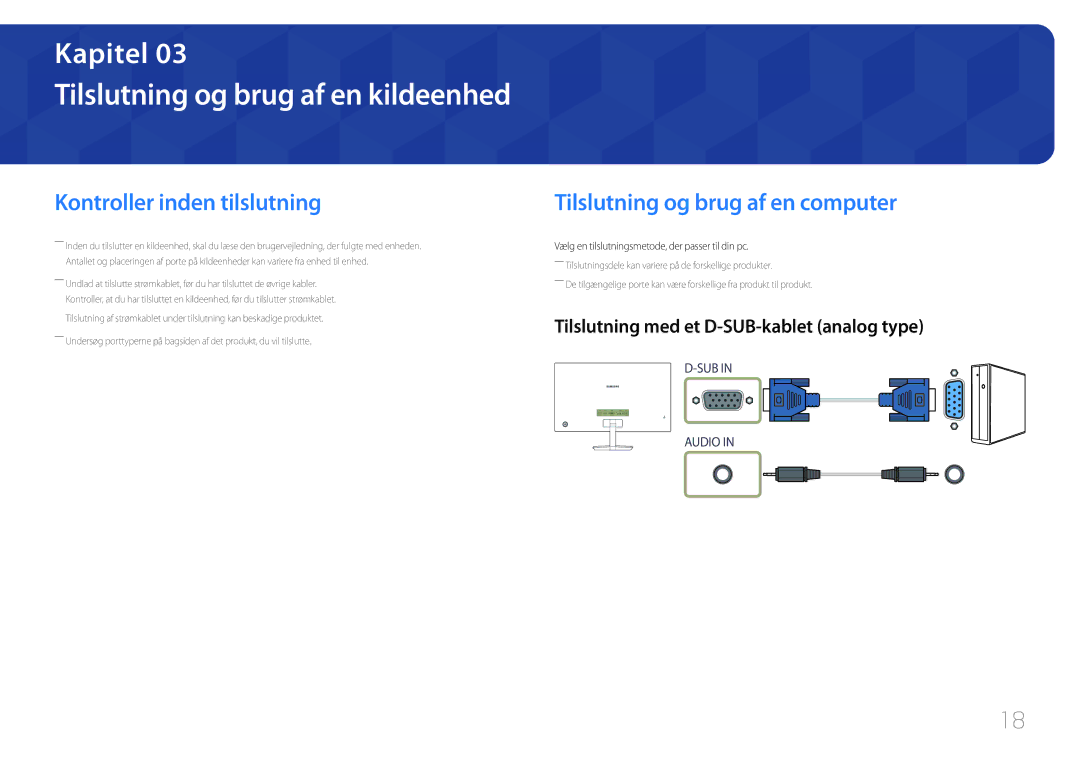 Samsung LC27F591FDUXEN manual Kontroller inden tilslutning, Tilslutning og brug af en computer 