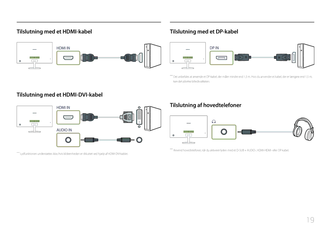 Samsung LC27F591FDUXEN manual Tilslutning med et HDMI-kabel, Tilslutning med et HDMI-DVI-kabel, Tilslutning med et DP-kabel 