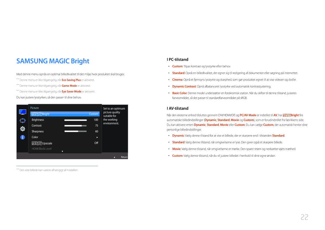 Samsung LC27F591FDUXEN manual Skærmopsætning, Samsung Magic Bright, Du kan justere lysstyrken, så den passer til dine behov 