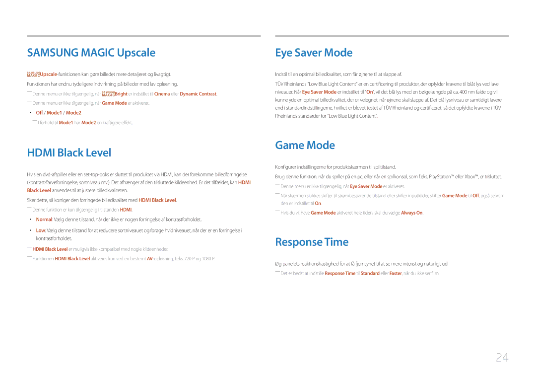 Samsung LC27F591FDUXEN manual Samsung Magic Upscale, Hdmi Black Level, Eye Saver Mode, Game Mode, Response Time 