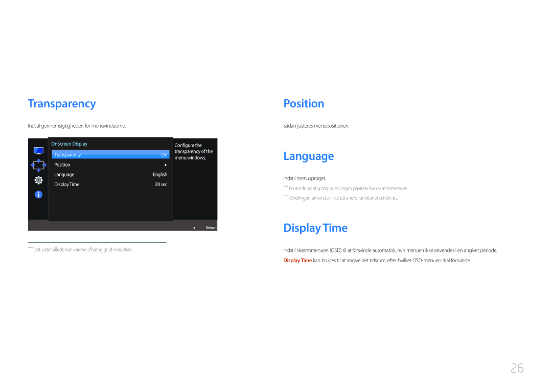 Samsung LC27F591FDUXEN manual Sådan tilpasses indstillingerne OSD On Screen Display, Transparency, Position, Language 