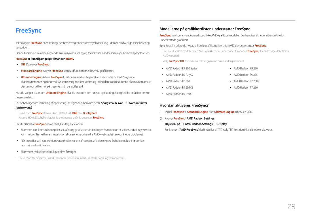 Samsung LC27F591FDUXEN manual FreeSync er kun tilgængelig i tilstanden Hdmi 