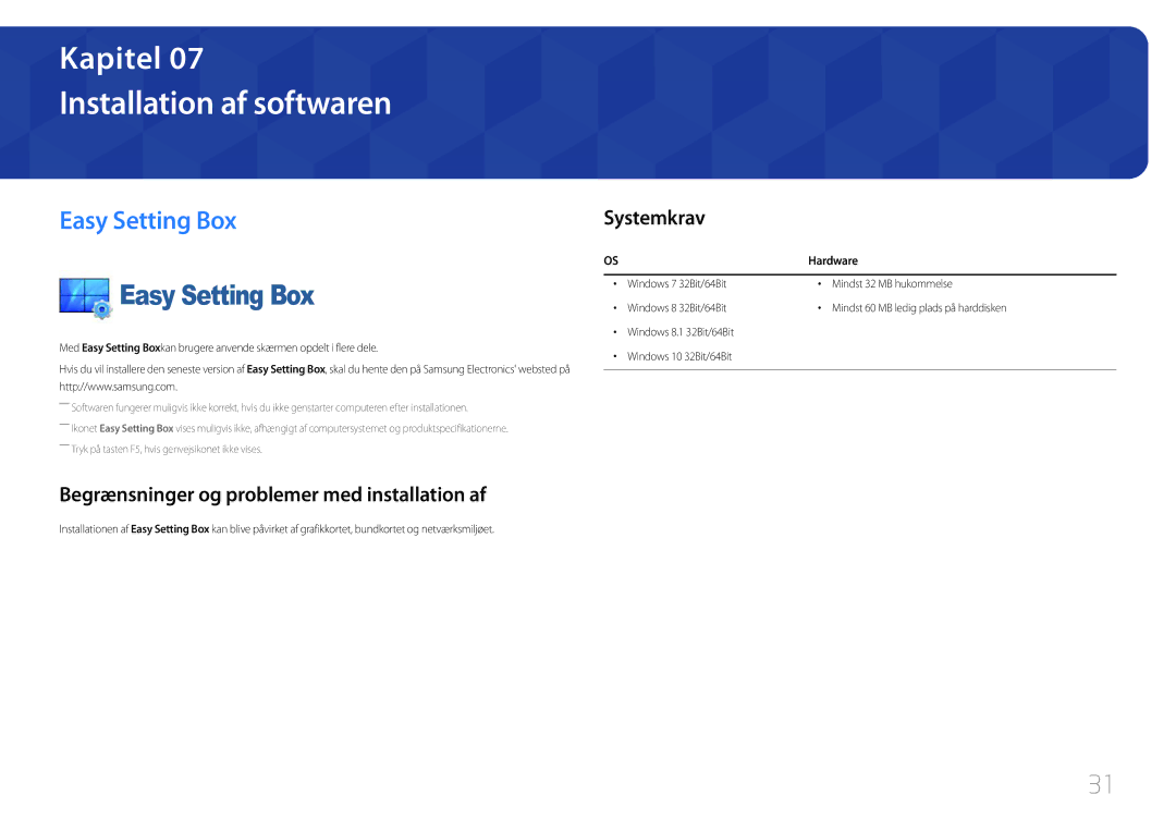 Samsung LC27F591FDUXEN manual Installation af softwaren, Easy Setting Box, Begrænsninger og problemer med installation af 
