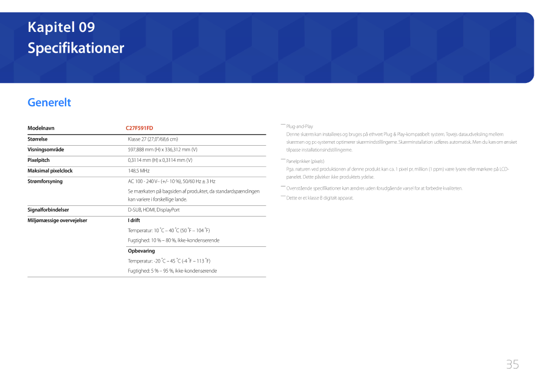 Samsung LC27F591FDUXEN manual Specifikationer, Generelt, Modelnavn 