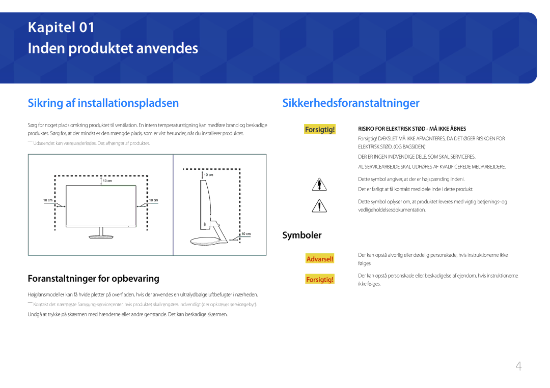 Samsung LC27F591FDUXEN Inden produktet anvendes, Sikring af installationspladsen Sikkerhedsforanstaltninger, Symboler 