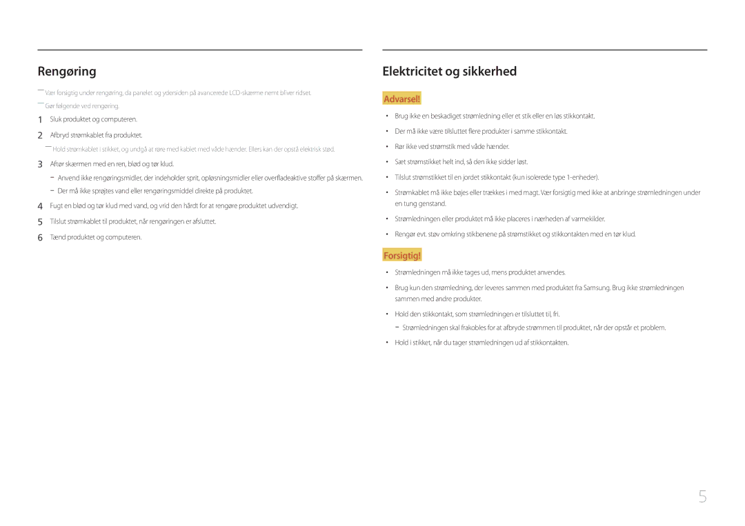 Samsung LC27F591FDUXEN manual Rengøring, Elektricitet og sikkerhed 