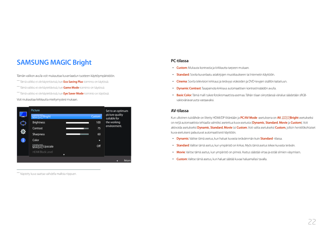 Samsung LC27F591FDUXEN manual Näytön asetusten määrittäminen, Samsung Magic Bright, Hdmi Black Level 