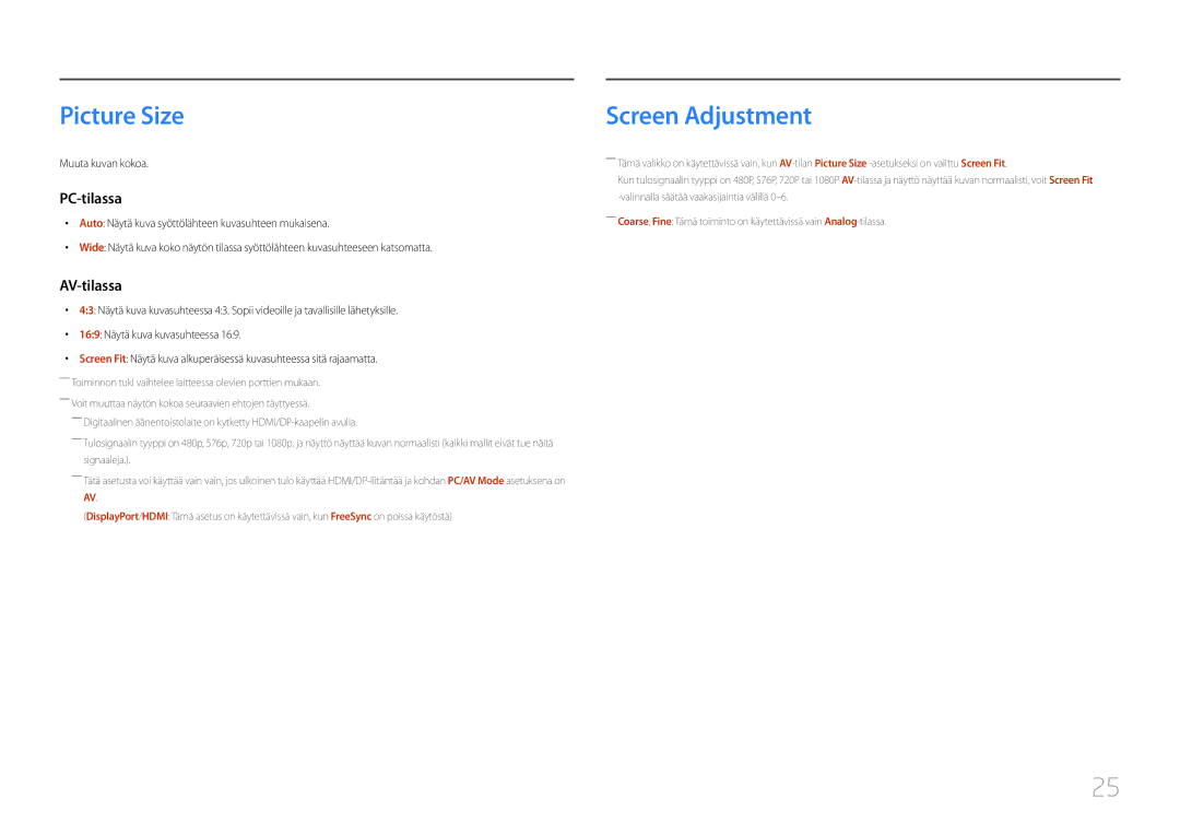 Samsung LC27F591FDUXEN manual Picture Size, Screen Adjustment, Muuta kuvan kokoa 