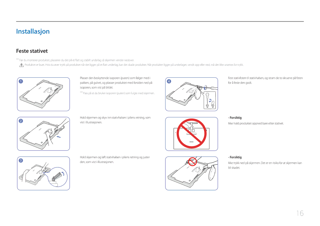 Samsung LC27F591FDUXEN manual Installasjon, Feste stativet, Forsiktig 