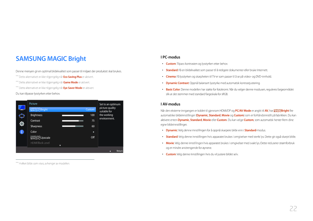 Samsung LC27F591FDUXEN manual Skjermoppsett, Samsung Magic Bright 
