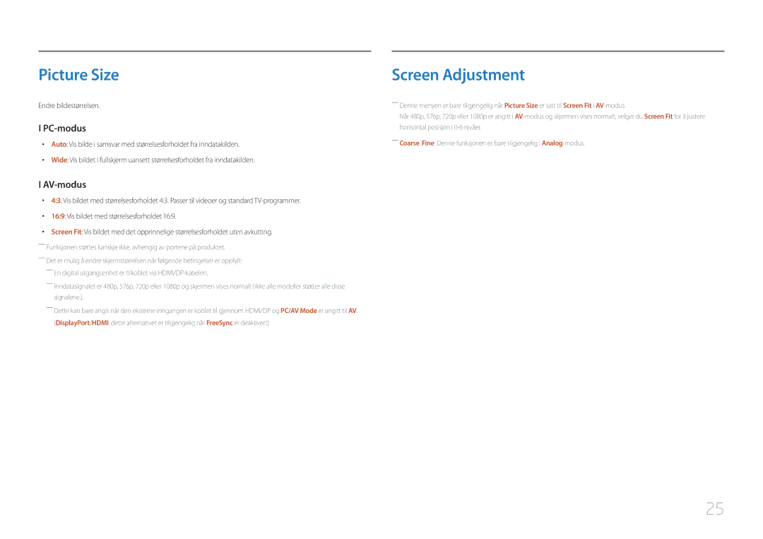 Samsung LC27F591FDUXEN manual Picture Size, Screen Adjustment 