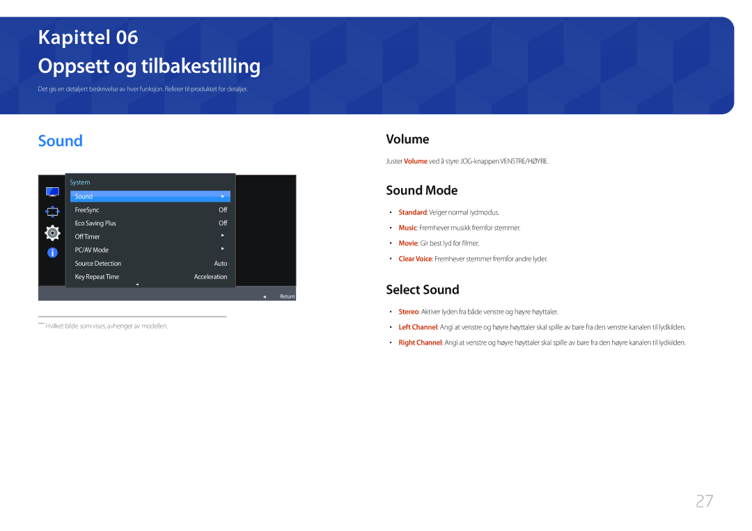 Samsung LC27F591FDUXEN manual Oppsett og tilbakestilling, Volume, Sound Mode, Select Sound 