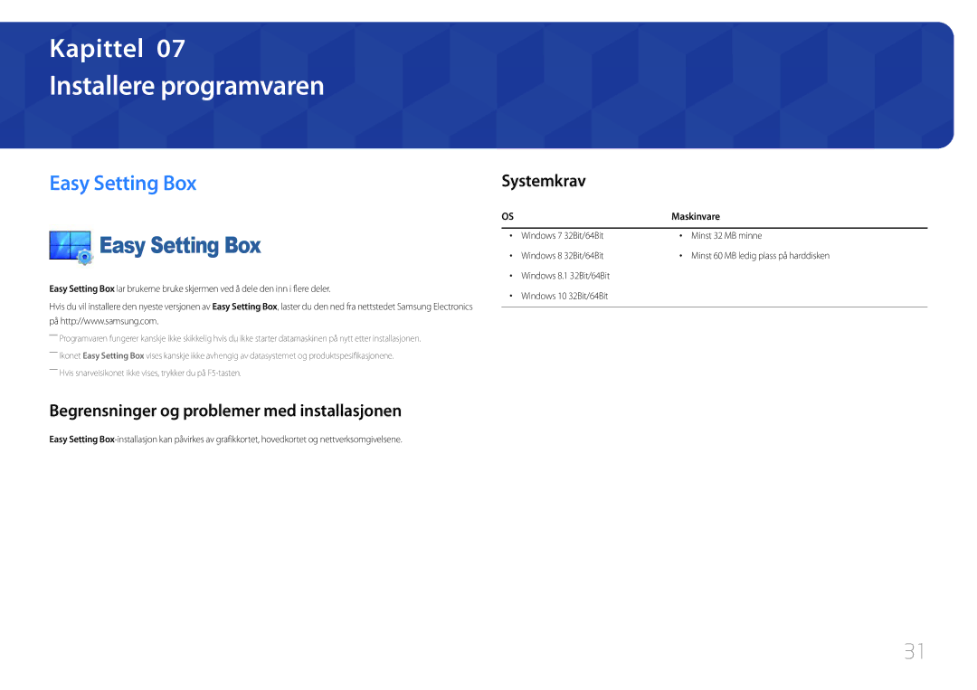Samsung LC27F591FDUXEN manual Installere programvaren, Easy Setting Box, Begrensninger og problemer med installasjonen 