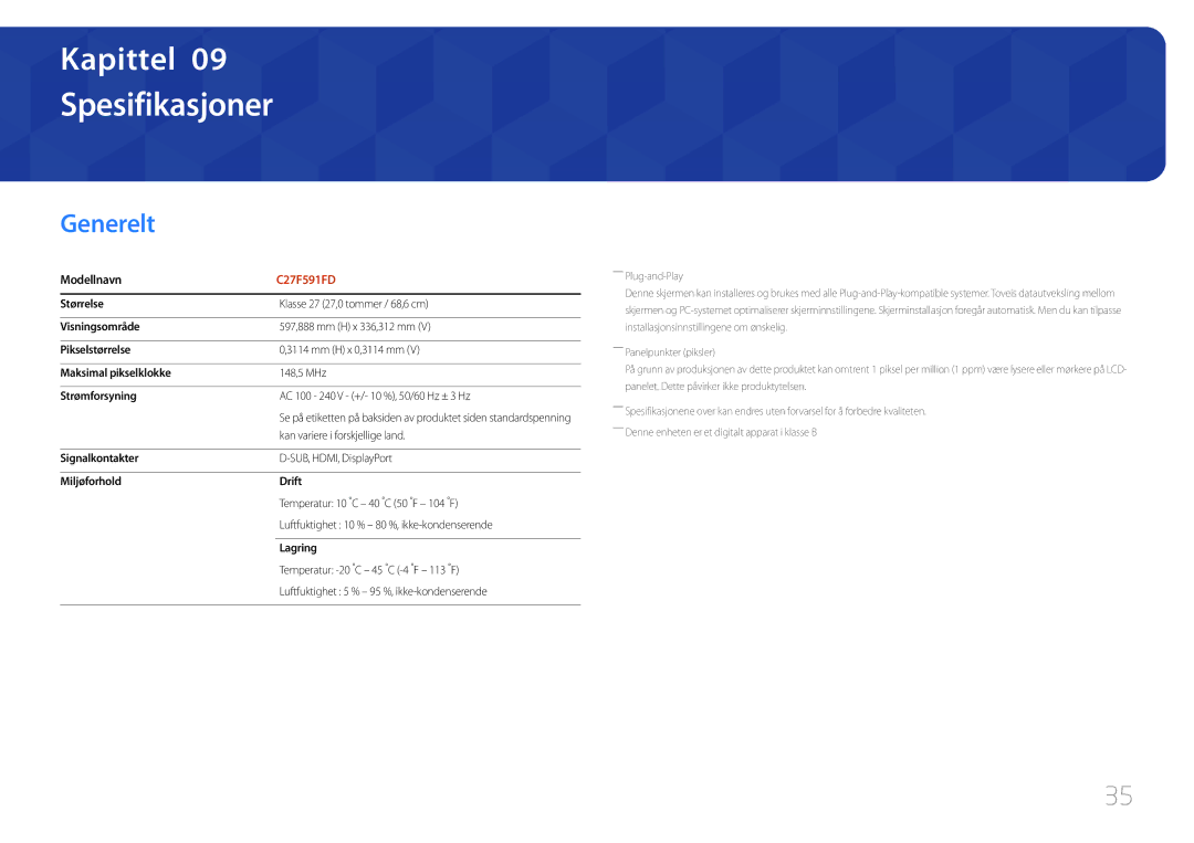 Samsung LC27F591FDUXEN manual Spesifikasjoner, Generelt, Modellnavn 