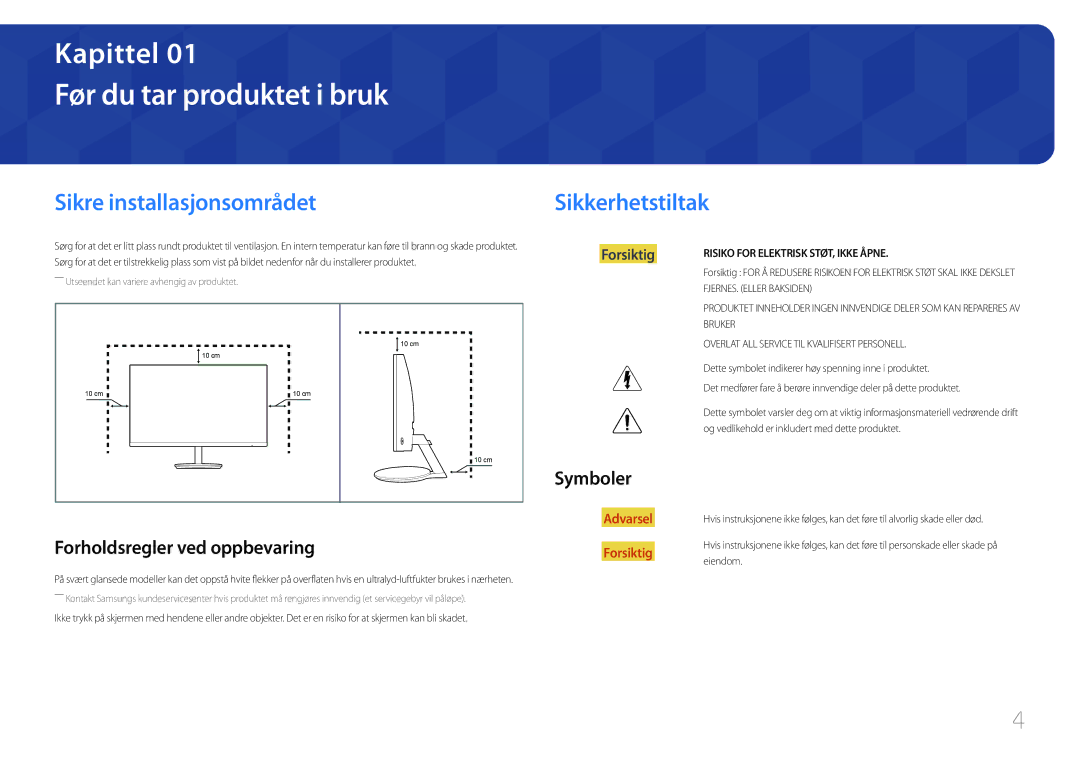 Samsung LC27F591FDUXEN manual Før du tar produktet i bruk, Sikre installasjonsområdet, Sikkerhetstiltak, Symboler 