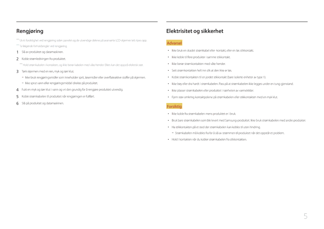 Samsung LC27F591FDUXEN manual Rengjøring, Elektrisitet og sikkerhet 