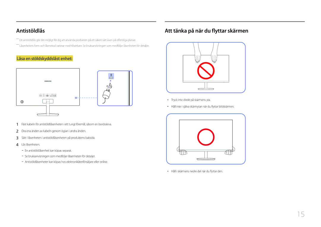 Samsung LC27F591FDUXEN manual Antistöldlås, Att tänka på när du flyttar skärmen 