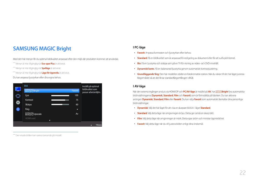 Samsung LC27F591FDUXEN manual Skärminställning, Samsung Magic Bright, Du kan anpassa ljusstyrkan efter dina egna behov 